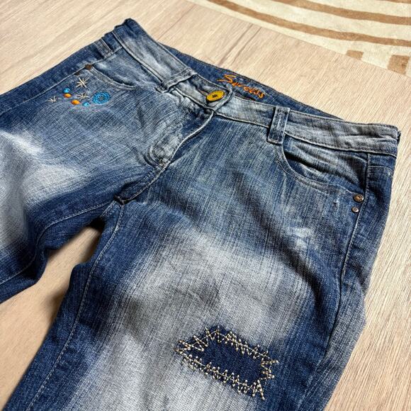 Success Embellished Distressed Flare Denim Jeans / Bell-Bottoms w/ Stitching - Picture 1 of 6